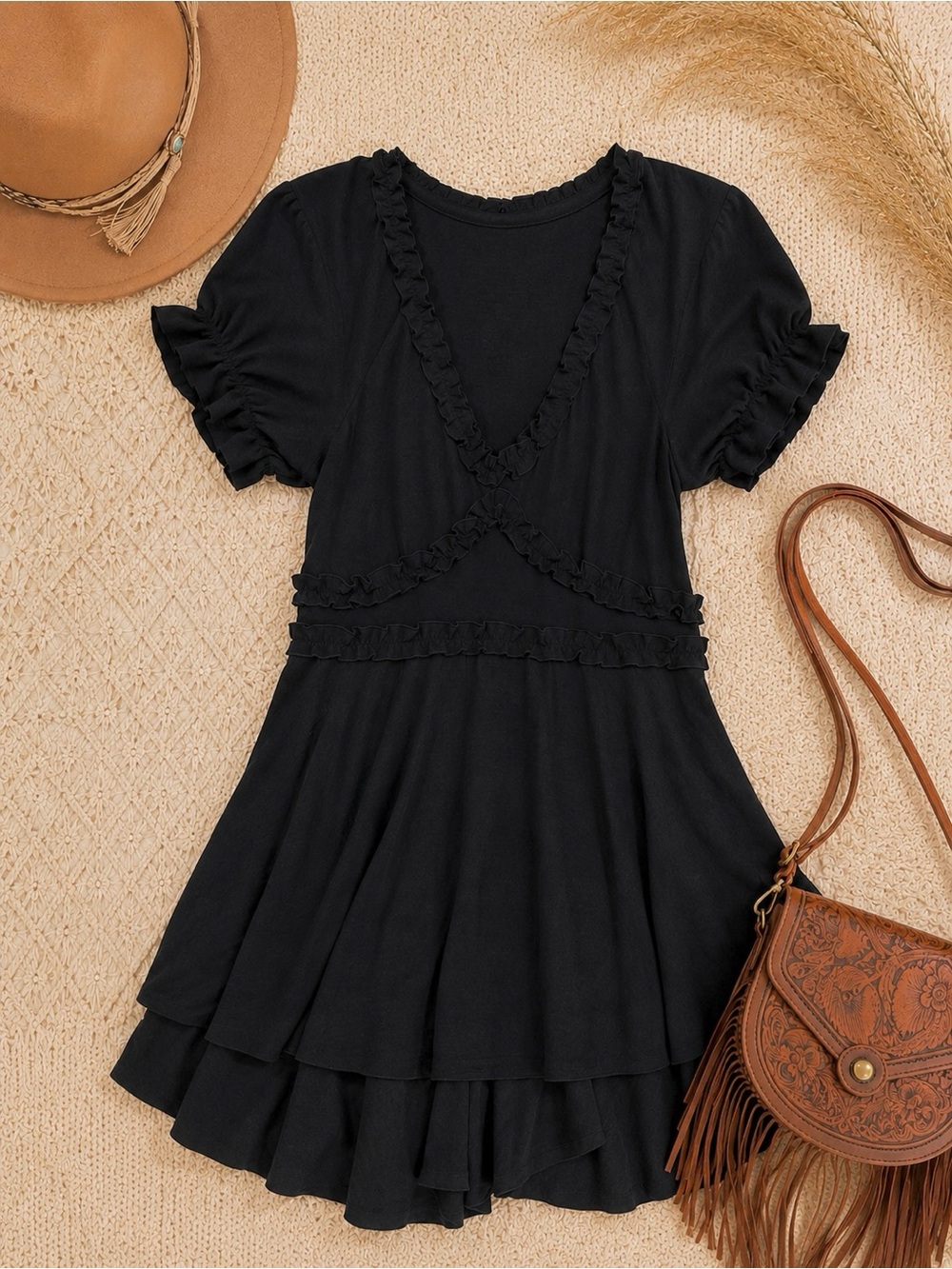 Black Ruffle V-Neck Short Sleeve Romper